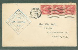 US 657 1929 2c General Sullivan Expedition (strip of three) on an addressed (typed) first day cover with a Syracuse, NY cachet (