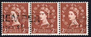 Dollis Hill 2d Light Red Brown No Wmk No Phos Strip of 3 Annotated 10/11 on Back