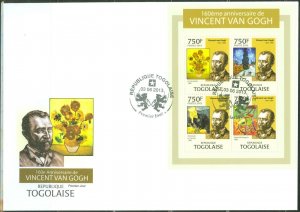 TOGO 2013 160th BIRTH ANNIVERSARY OF VINCENT VAN GOGH  SHEET  FDC