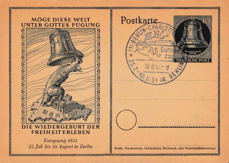 Germany Berlin 1951 10pf Postal Card with Illustrated Cancel For the ERP Europa