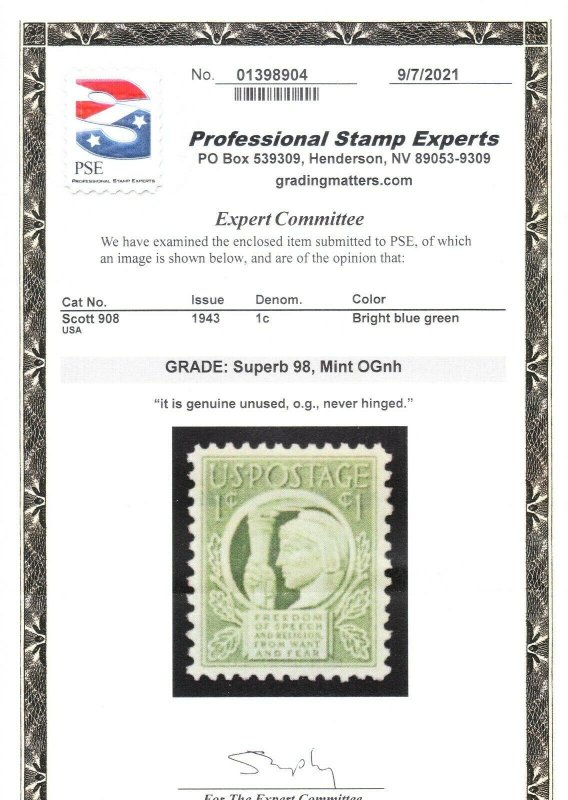 MOstamps - US #908 Mint OG NH Grade 98 with PSE Cert - Lot # MO-3165 SMQ $160