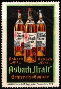Vintage Germany Poster Stamp Asbach Uralt, Real Old Cognac, Rüdesheim
