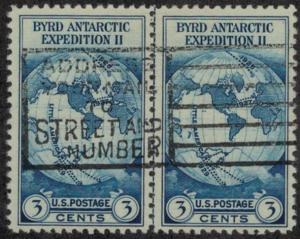 US #753 ESCV $75. 3c Byrd, VF used, horz pair, vertical Line, VERY SCARCE and...