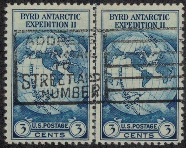 US #753 ESCV $75. 3c Byrd, VF used, horz pair, vertical Line, VERY SCARCE and...