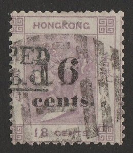 HONG KONG 1876 '16 Cents' on QV 18c lilac VARIETY split '1' in '16'.