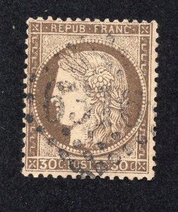 France 1872 30c brown on yellowish Ceres, Scott 62 used, value = $5.25