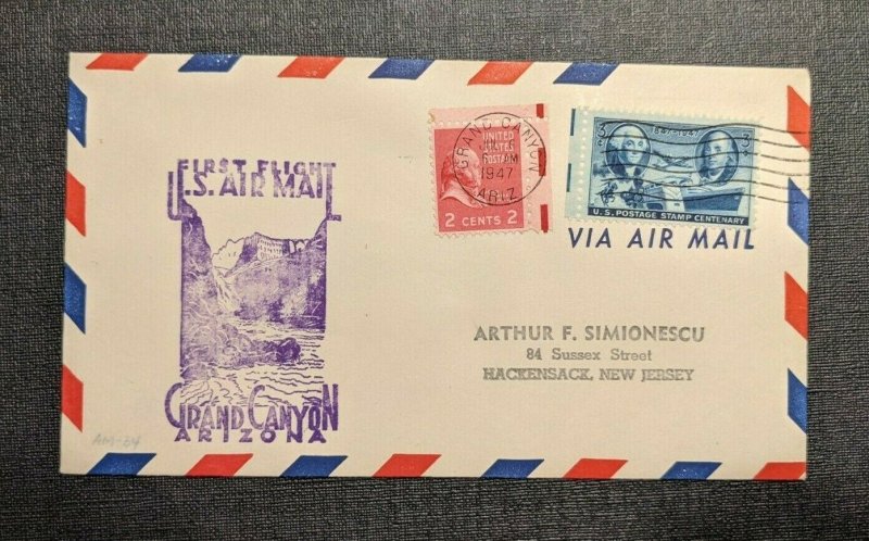 1947 Grand Canyon First Flight Cover to Hackensack NJ Via Los Angeles CA 