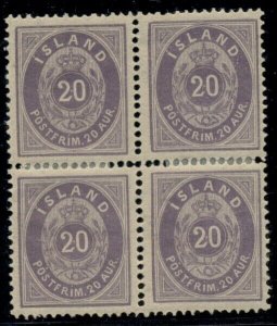 ICELAND #13 (14), 20aur violet, Block of 4, og, LH with sensible reinforcement,