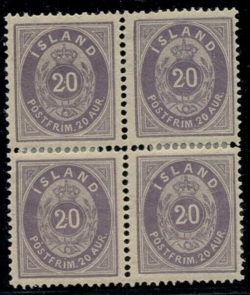 ICELAND #13 (14), 20aur violet, Block of 4, og, LH with sensible reinforcement,