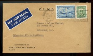 ?4 hole OHMS perfin 1c + 6c airmail 1944 war issue, cover Canada