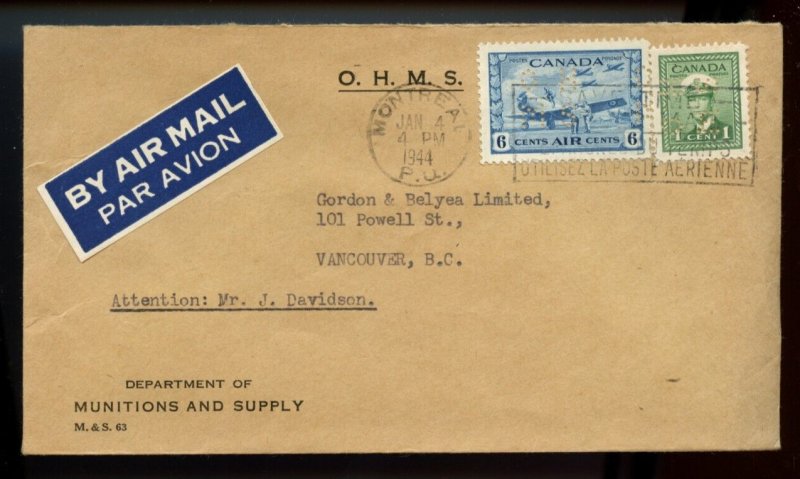 ?4 hole OHMS perfin 1c + 6c airmail 1944 war issue, cover Canada