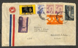 TURKEY 1233 // 1433 STAMPS MARKS & CLERK BEYOGLU TO NY AIRMAIL COVER 1959