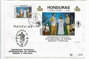 HONDURAS 1991 ESPAMER 91 V CENT DISCOVERY OF AMERICA FDC SOUV SHEET + 1 VAL 