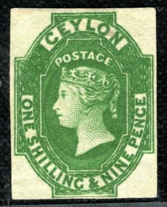 CEYLON QV Classic Stamp SG.11 1s/9d Green (1857) Mint MM Cat £800 {ex Gem}GOLD84
