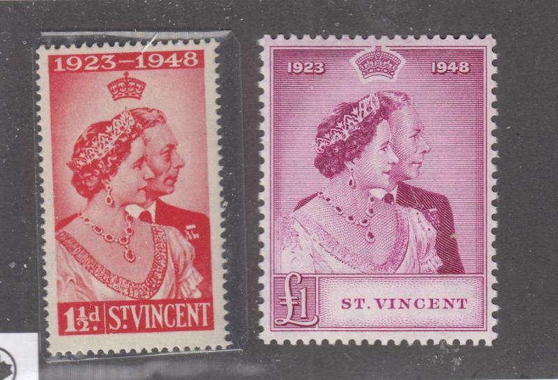 ST VINCENT # 154-155 VF-XXLH 1948 KGV1 SILVER WEDDING CAT VALUE $30+