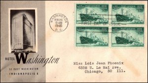 KAPPYSSTAMP FDC13 1946 SCOTT 939 MERCHANT MARINE HOTEL WASHINGTON INDIANAPOLIS