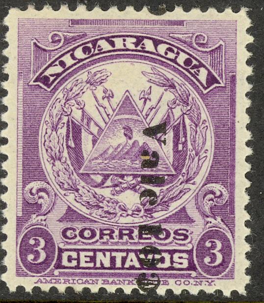 NICARAGUA 1906-08 10c on 3c ABNC Imprint Coat of Arms READING DOWN Sc 194e MH