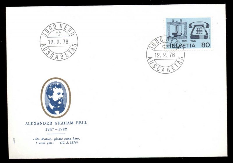 Switzerland 1976 Telephone Centenary, Alexander Graham Bell FDC