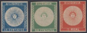 URUGUAY 1856 CARRIED DILIGENCIA Sc 1-3 SET Forgeries Hoffman Tp A UNSD (CV$1350) 