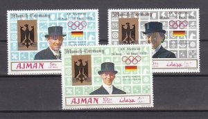 Ajman, Mi cat. 463-465 A. Munich Summer Olympic Winnrers o/printed issue.