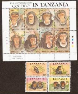 Tanzania 1992 Chimpanzees Monkey Wildlife Mammals 4v Set + Sheetlet  MNH # A0...