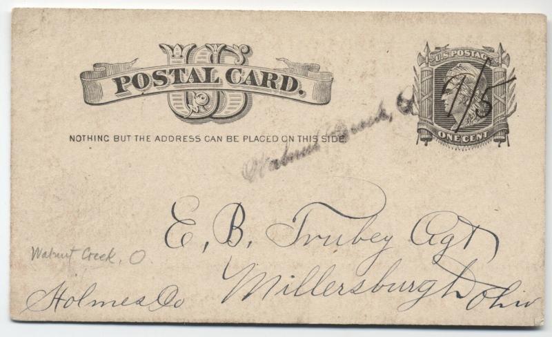1883 Walnut Creek Ohio scarce script straightline handstamp on postal [2183]