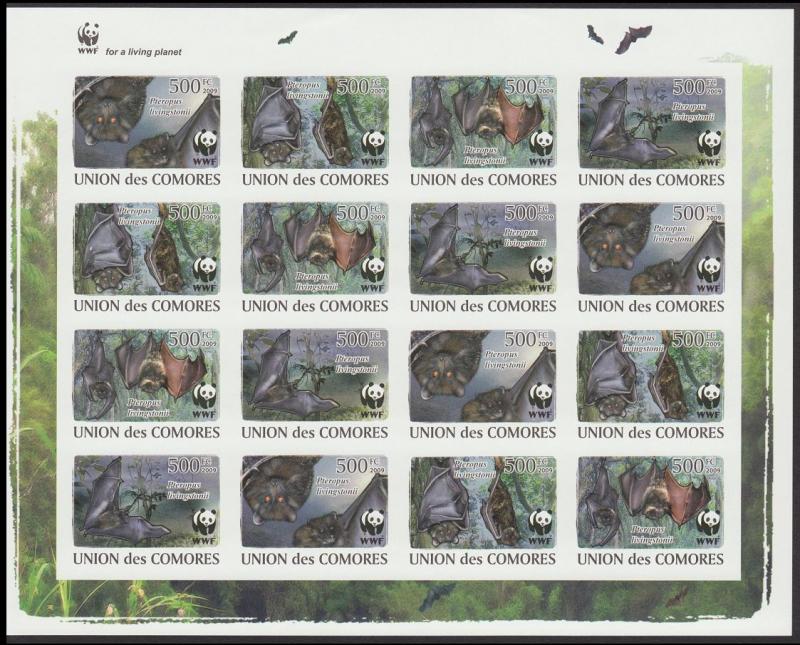 Comoro Is. WWF Livingstone's Fruit Bat Imperforated Sheetlet of 4 sets