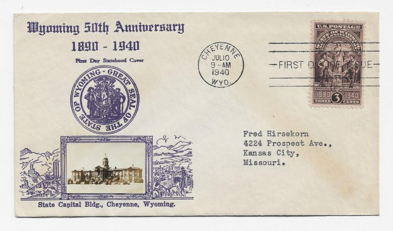 US 897 (Me-30) 3c Wyoming Statehood single on FDC Crosby Photo Cachet ECV $75.00