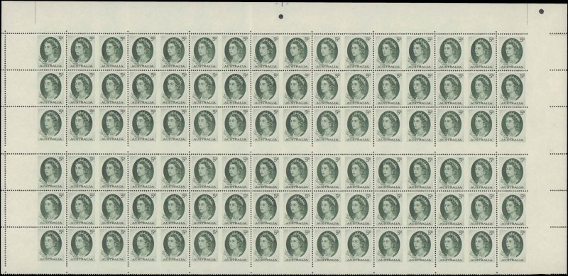 Australia #356b, Imperf Pair Partial Sht of 96 w/ 42 Imperf Pairs, Folded, NH