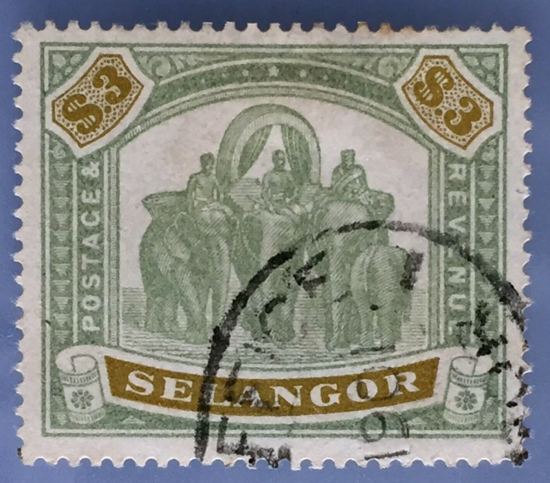 MALAYA 1896 SELANGOR Elephants & Howdah $3 Used SG#63 M3366D