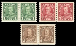 Canada 1935 KGV 1c, 2c & 3c well centered COIL PAIRS set of 3 MLH. SG 352-354.