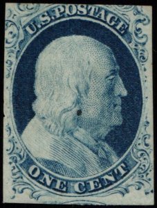 US Scott #9 - VF - No Gum - 1c Franklin (Type IV) - Blue - 1851