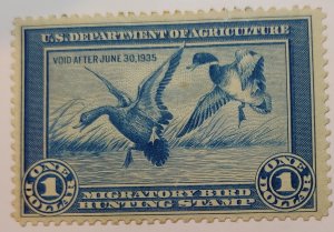 Scott Stamp# RW 1 - 1937 $1 Federal Duck Stamp. MHR.  Original Gum. SCV $300.00