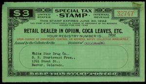 U.S. REV. STAX -RET. DEALER IN OPIUM FYE 1942  Used (ID # 61862)- L