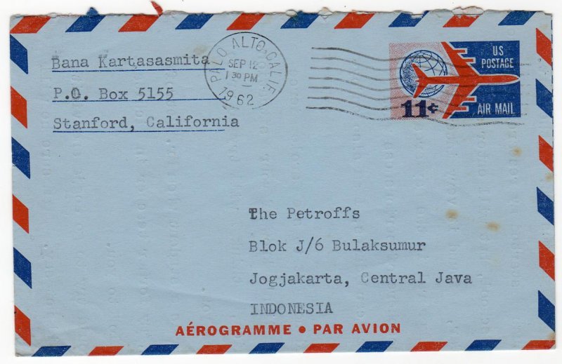 11c Jet Airliner and Globe air letter sheet used to Jogjakarta, Indonesia, 1962