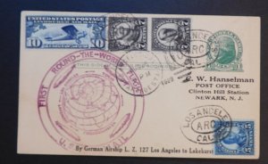 1929 Los Angeles USA Graf Zeppelin LZ 127 Around World Postcard cover to Lakehur