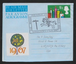 GREAT BRITAIN Aerogramme 9d Christmas Candles 1967 London FDC cancel!