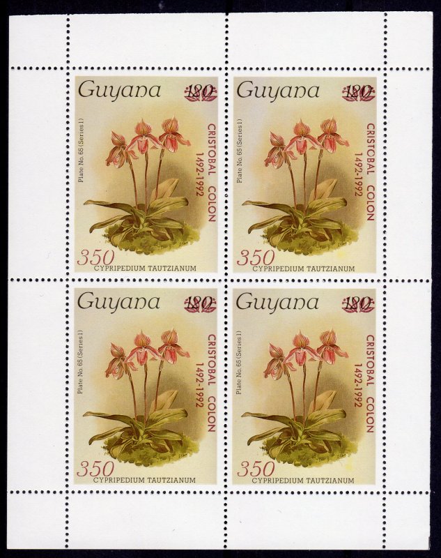 Guyana 1985 Sc#1372 ORCHID ovpt.Cristobal Columbus  in Red Block of 4 MNH