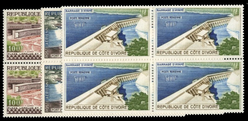 Ivory Coast #C14-16 Cat$76, 1959 Airpost, set of three in blocks of four, nev...