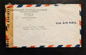 1943 Guayaquil Ecuador Censored Airmail Cover to Kansas City MO USA