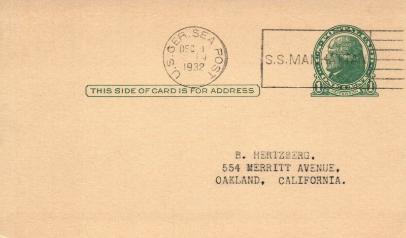 1932 US German Sea Post Card - SS Manhattan - L35644