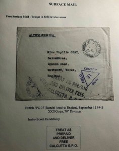 1942 British Field post India OAS Censored  Cover To Wetherby England