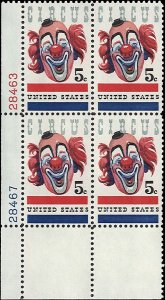 Scott # 1309 1966 5c red, bl, pink & blk  Circus Clown  Plate Block - Lower L...