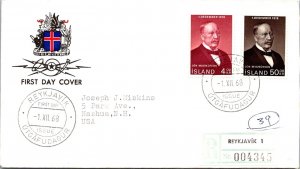 SCHALLSTAMPS - ISLAND 1968 FDC CACHET REG COVER COMM CANC REYKJAVIK ADDR USA