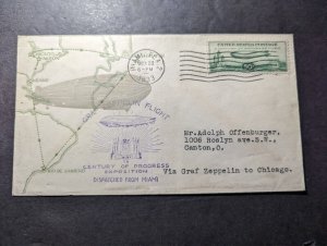 1933 USA LZ127 Graf Zeppelin Airmail Cover Miami FL to Canton OH Century Exhibit