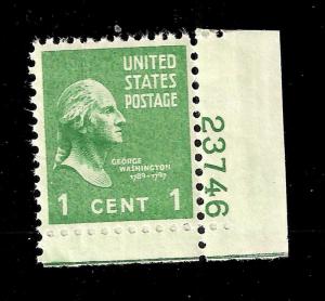 US 1938 SC # 804  1 c  G. Washington  Mint NH PLATE # - Crisp Color 