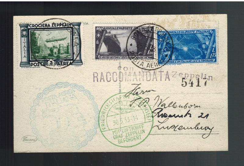 1933 Italy Graf Zeppelin Postcard Cover to Luxemburg LZ 127 # C42