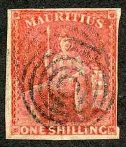 Mauritius SG34 1/- Vermilion Fine Four Margins