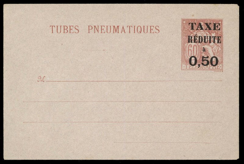 fr032 France Tubes Pneumatiques envelope 60c red unused, 50c Taxe Reduit overprt