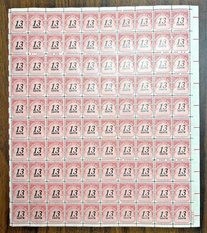 Scott J103 1978 13c Postage Due Shiny Gum Sheet of 100 Mint VF NH Cat $45